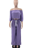 Purple Sexy Solid Color Draw String Pocket Patchwork Backless Off Shoulder Long Sleeve Two Pieces