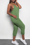 Pink Casual Solid Color Pocket V Neck Loose Jumpsuits