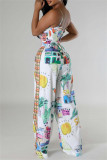 Multicolor Sexy Casual Print Backless Belted Spaghetti Strap Sleeveless Two Pieces