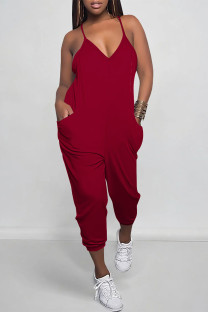 Burgundy Casual Solid Color Pocket V Neck Loose Jumpsuits