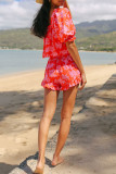 Red Elegant Print Patchwork Square Neck Half Sleeve Two Pieces