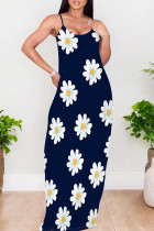 Dark Blue Casual Print Patchwork Backless Spaghetti Strap Sling Dresses