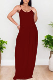 Burgundy Sexy Solid Color Pocket U Neck Sling Dresses
