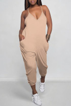 Pink Casual Solid Color Pocket V Neck Loose Jumpsuits