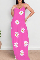 Pink Casual Print Patchwork Backless Spaghetti Strap Sling Dresses