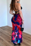Red Elegant Print Patchwork Backless Strap Design Spaghetti Strap Long Dresses