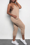 Pink Casual Solid Color Pocket V Neck Loose Jumpsuits