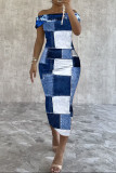 Blue Sexy Print Patchwork Backless Off Shoulder Long Dresses