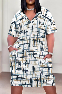 White Blue Casual Print Pocket Patchwork V Neck Straight Plus Size Dresses