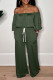 Army Green Sexy Solid Color Draw String Pocket Patchwork Backless Off Shoulder Long Sleeve Two Pieces