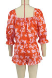 Red Elegant Print Patchwork Square Neck Half Sleeve Two Pieces