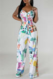 Multicolor Sexy Casual Print Backless Belted Spaghetti Strap Sleeveless Two Pieces