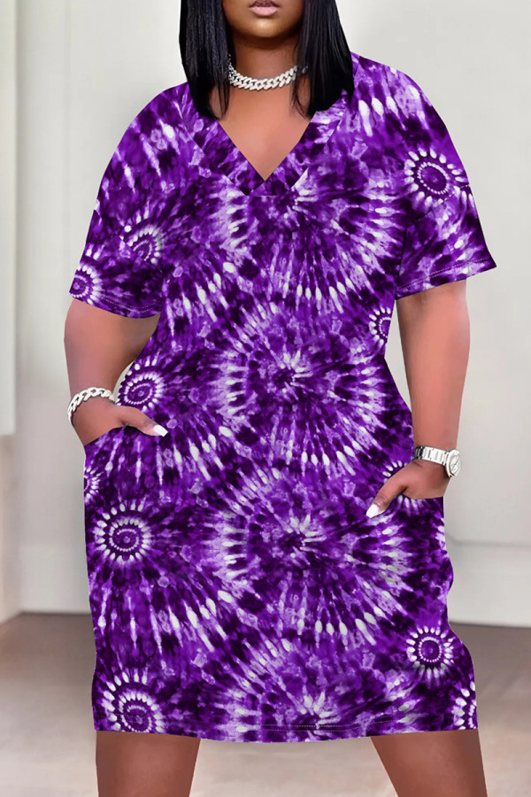 Purple Casual Print Pocket Patchwork V Neck Straight Plus Size Dresses