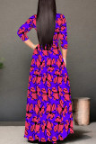 Purple Elegant Flowers Print Lace Up V Neck Printed Dresses