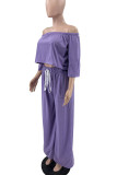 Purple Sexy Solid Color Draw String Pocket Patchwork Backless Off Shoulder Long Sleeve Two Pieces