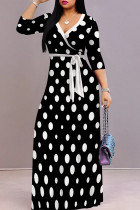 Black White Elegant Polka Dot Patchwork Strap Design V Neck Long Dresses