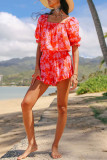 Red Elegant Print Patchwork Square Neck Half Sleeve Two Pieces