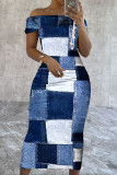 Blue Sexy Print Patchwork Backless Off Shoulder Long Dresses