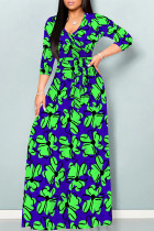 Green Elegant Flowers Print Lace Up V Neck Printed Dresses