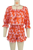 Red Elegant Print Patchwork Square Neck Half Sleeve Two Pieces