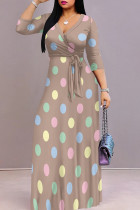 Khaki Pink Elegant Polka Dot Patchwork Strap Design V Neck Long Dresses