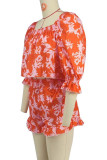 Red Elegant Print Patchwork Square Neck Half Sleeve Two Pieces