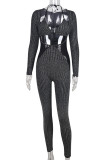 Black Sexy Patchwork Hollow Out Belted Halter Long Sleeve Two Pieces