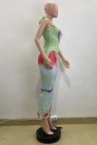 Multicolor Casual Print Belted Oblique Collar Long Dresses