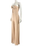 Apricot Sexy Solid Color Hollow Out Backless Strapless Bodycon Jumpsuits