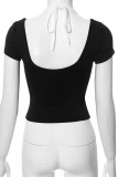 Black Sexy Solid Color Patchwork V Neck T-Shirts