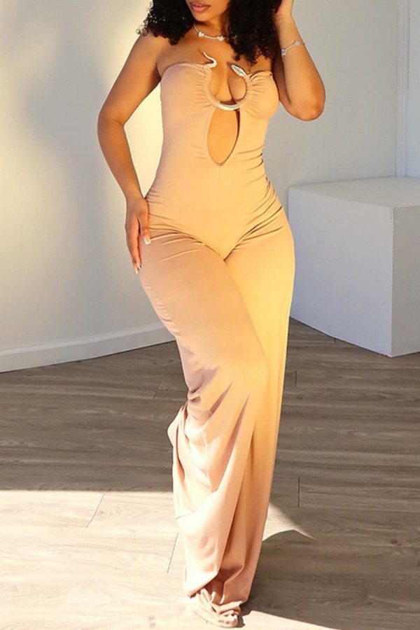 Apricot Sexy Solid Color Hollow Out Backless Strapless Bodycon Jumpsuits