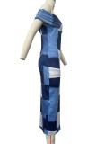 Blue Sexy Print Patchwork Backless Off Shoulder Long Dresses