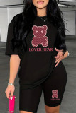 Black Casual Print Patchwork O Neck Short Sleeve Two Pieces