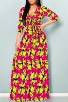 Rose Red Elegant Flowers Print Lace Up V Neck Printed Dresses