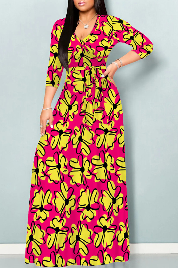 Rose Red Elegant Flowers Print Lace Up V Neck Printed Dresses