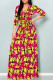 Rose Red Elegant Flowers Print Lace Up V Neck Printed Dresses
