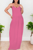Rose Pink Sexy Solid Color Pocket U Neck Sling Dresses