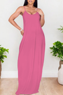 Rose Pink Sexy Solid Color Pocket U Neck Sling Dresses