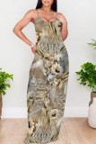 Beige Sexy Geometric Print Pocket U Neck Printed Dresses