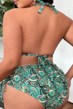 Green Sportswear Print Patchwork Backless Halter Plus Size Swimwear