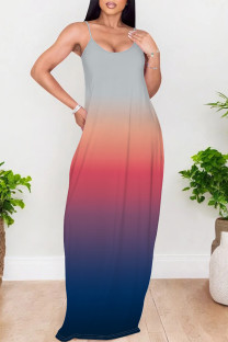 Grey Sexy Gradient Print Pocket Contrast U Neck Printed Dresses