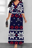 White Elegant Print Patchwork V Neck Long Dresses