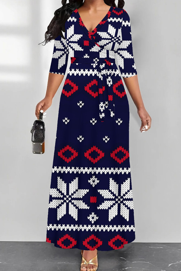 Dark Blue Elegant Print Patchwork V Neck Long Dresses