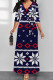 Dark Blue Elegant Print Patchwork V Neck Long Dresses