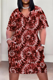 Red Casual Print Pocket Patchwork V Neck Straight Plus Size Dresses