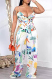 Multicolor Sexy Casual Print Backless Belted Spaghetti Strap Sleeveless Two Pieces