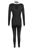 Black Sexy Patchwork Hollow Out Belted Halter Long Sleeve Two Pieces