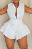 White Casual Solid Color Buttons Turndown Collar Bodycon Rompers