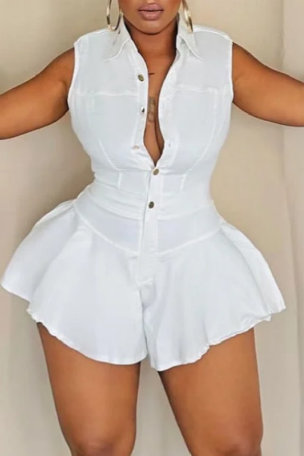 White Casual Solid Color Buttons Turndown Collar Bodycon Rompers