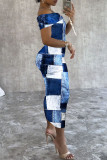 Blue Sexy Print Patchwork Backless Off Shoulder Long Dresses